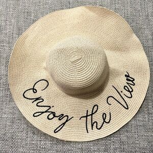 Beige Sun Hat with Black Letter Graphic Straw Hat